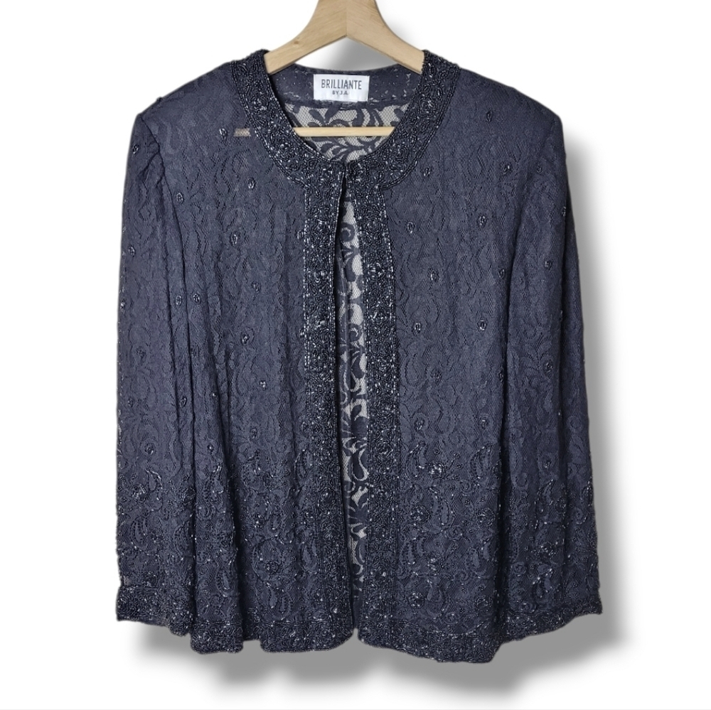 Brilliante Vintage Sheer Black Lace Beaded Jacket Size M